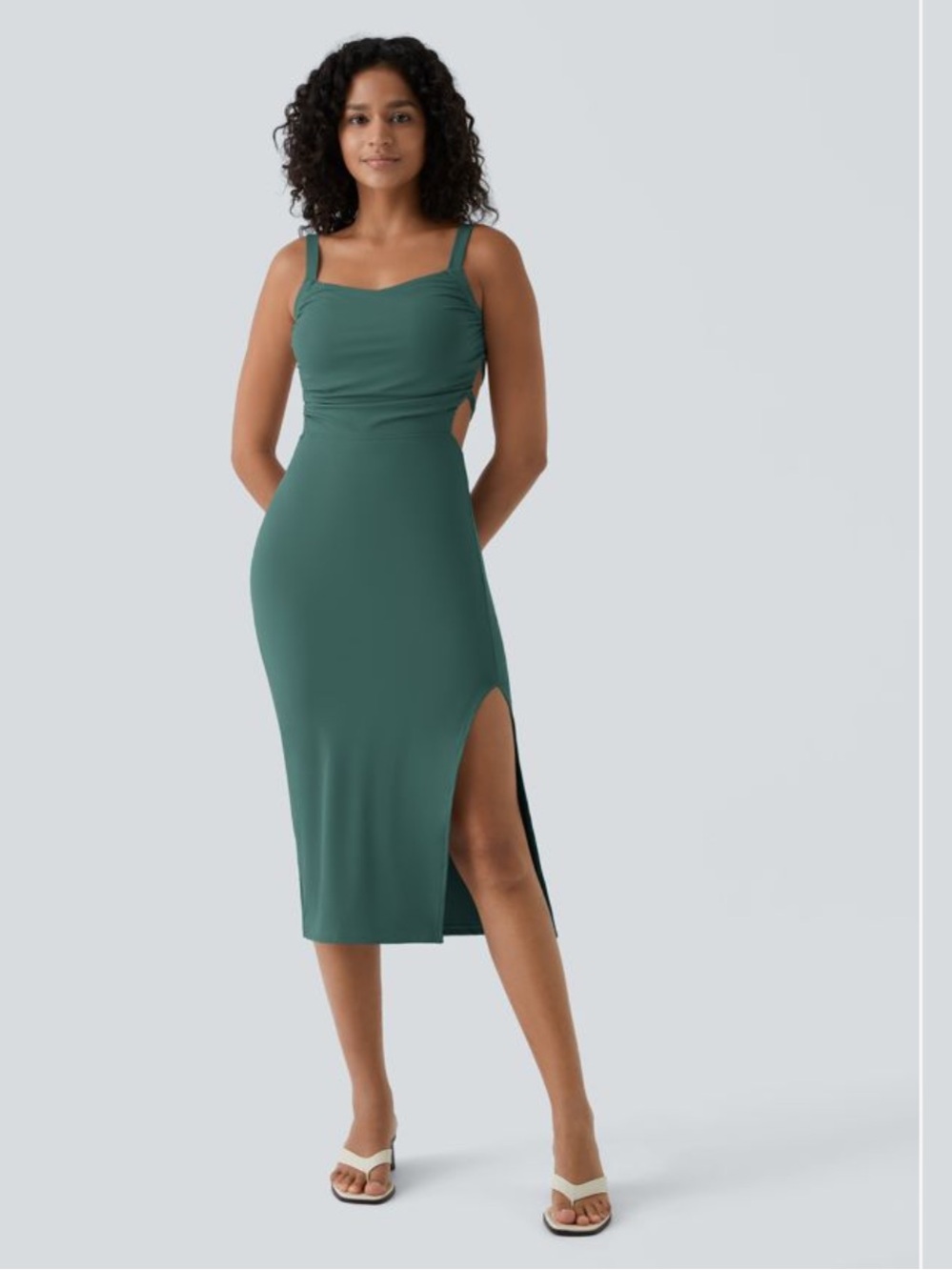 Halara Teal Lace-Up Back Ruched Midi Dress Size Medium NWT